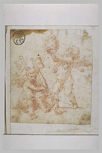 Deux anges, l'un tenant une tiare, l'autre les clés de saint Pierre