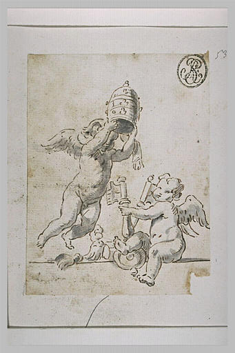 Deux anges, l'un tenant une tiare et l'autre les clés de saint Pierre