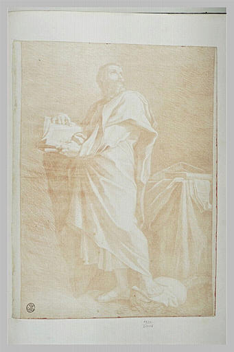 Saint Matthieu tenant un livre, le pied posé sur un sac d'argent
