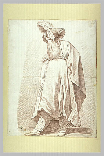 Figure de fantaisie : homme drapé, coiffé d'un bonnet à plume, debout