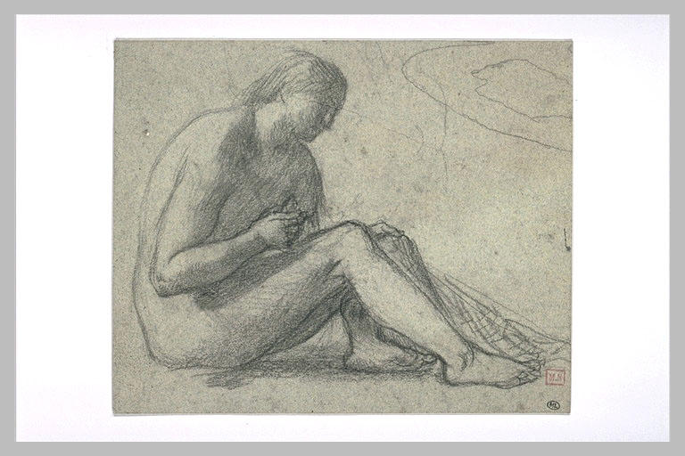 Femme nue assise à terre, de profil à droite, tenant un filet