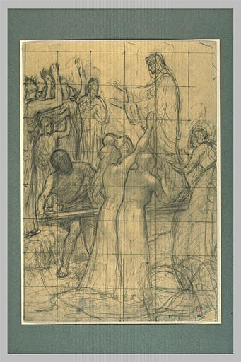 Femme descendant d'un bateau, acclamée par des groupes de personnages