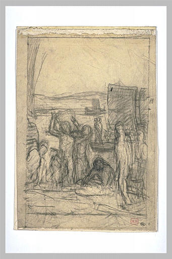 Groupes de personnages devant des bateaux