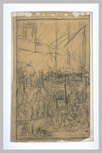 Groupe de personnages entourant des bateaux