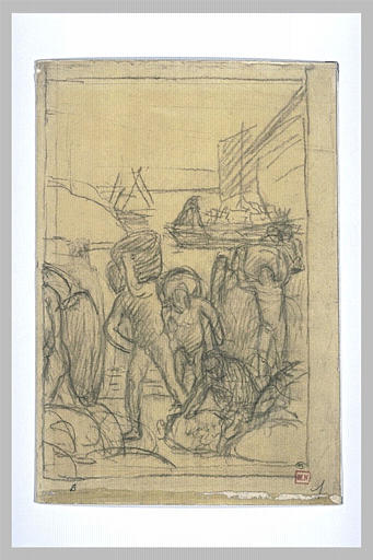 Hommes nus déchargeant un bateau