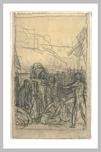 Personnages déchargeant des bateaux ; dans le fond, une tour