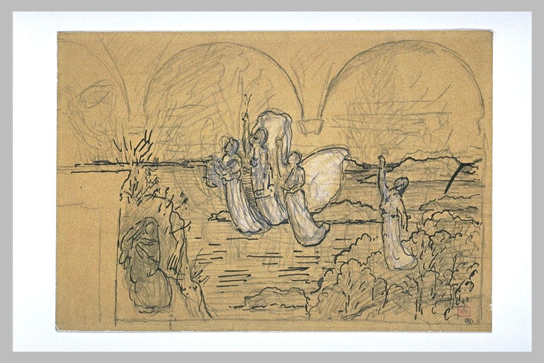 Figures drapées volant dans un paysage, avec esquisse de décor à arcades