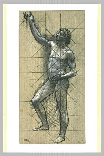 Homme nu, de profil à droite, le bras droit levé