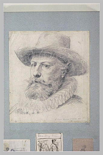 Tête d'homme barbue, coiffé d'un grand chapeau