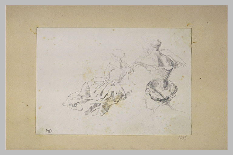 Croquis d'une femme, de profil, en costume du XVIIIè siècle