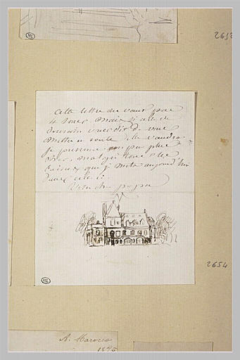Vue d'un château à Poissy et lettre manuscrite