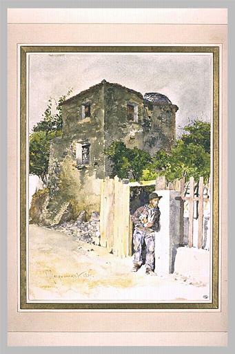 Homme sortant d'une vieille maison entourée d'arbres