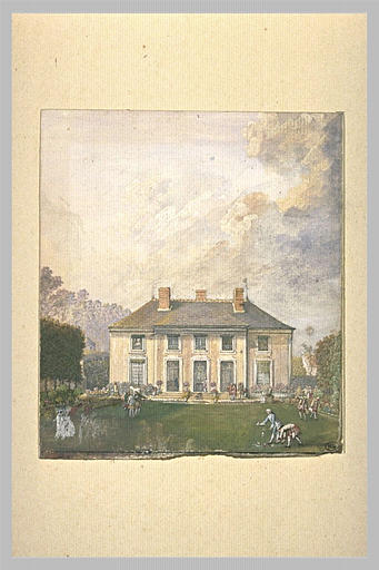 Personnages sur une pelouse devant un pavillon de chasse