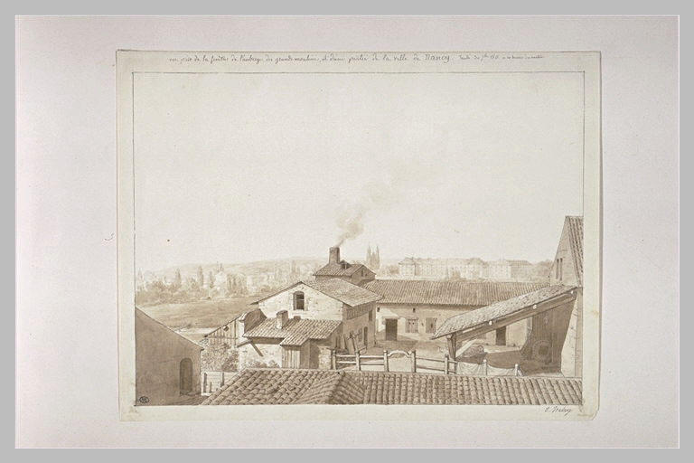 Vue depuis la fenêtre de l'auberge : les grands moulins et Nancy