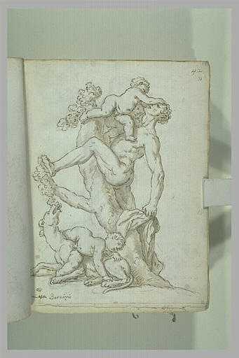 Homme taquiné par deux amours, avec une lionne mangeant du raisin...