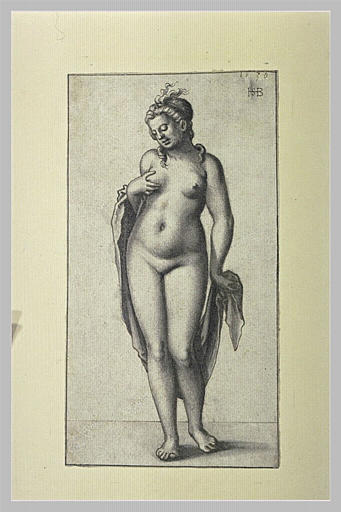 Femme nue, de face, tenant son sein droit
