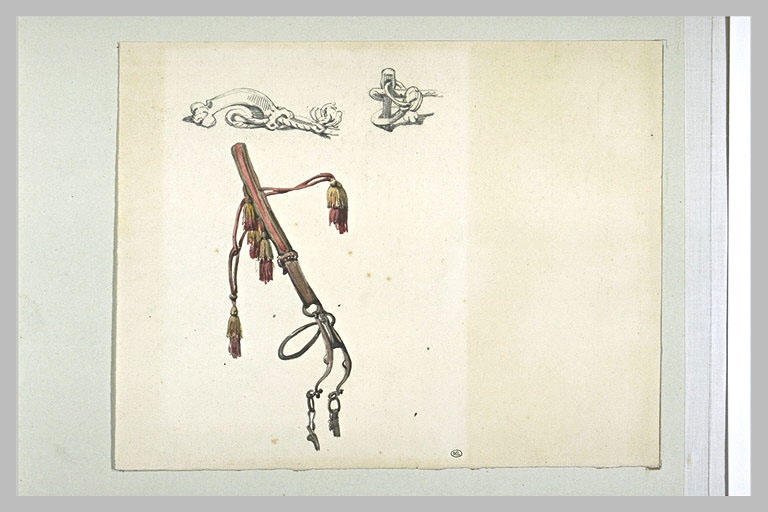 Étude de bride en cuir et en étoffe rouge, et de pièces d'harnachement