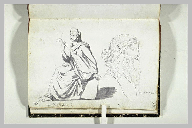 Femme assise, drapée, et buste de divinité