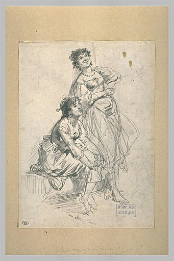 Etude de deux femmes riant, l'une assise et l'autre debout