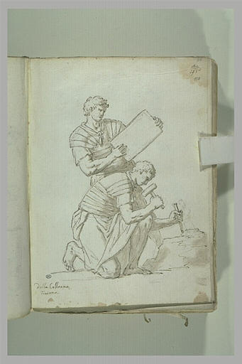 Deux légionnaires romains portant et taillant des pierres