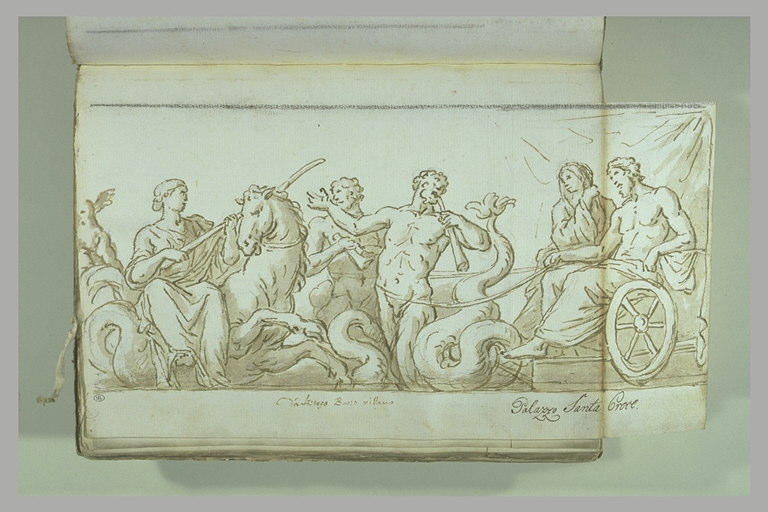 Un couple sur un char tiré par deux tritons fait face à une femme...