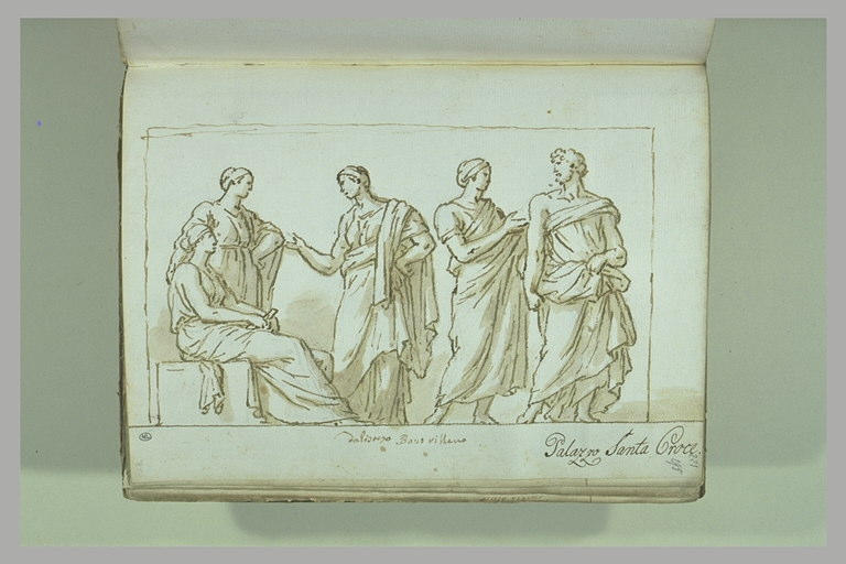 Trois femmes drapées en conversation, l'une d'elles assise, et, à droite,...