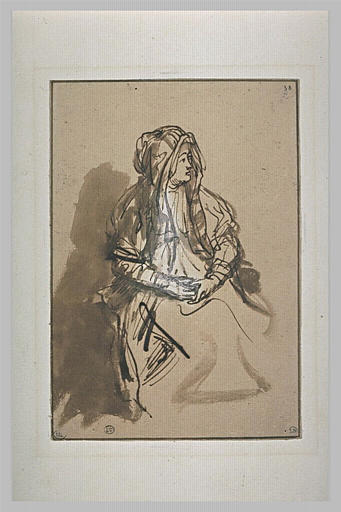 Femme assise, les mains sur les genoux, coiffée d'un long voile