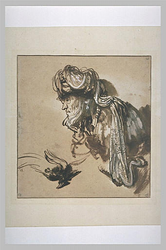 Tête d'homme coiffé d'un turban et oiseau de paradis couché