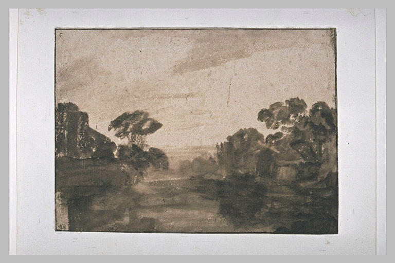 Cours d'eau aux rives boisées, impression de crépuscule