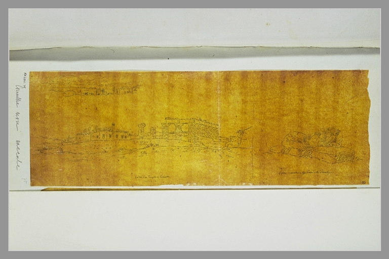 Vue d'un temple à Corinthe ; autre vue ; figure de marbre dite Esculape