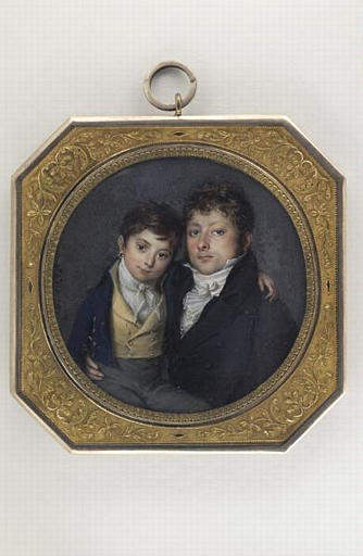 Portrait d'un homme encore jeune tenant son fils sur ses genoux