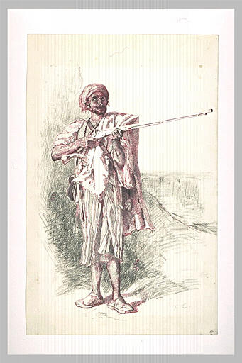 Arabe, de face, tenant son fusil pointé