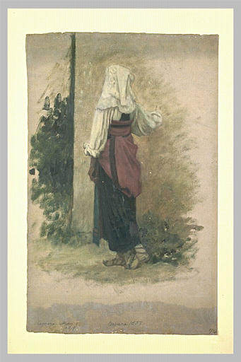 Paysanne italienne, de dos, marchant