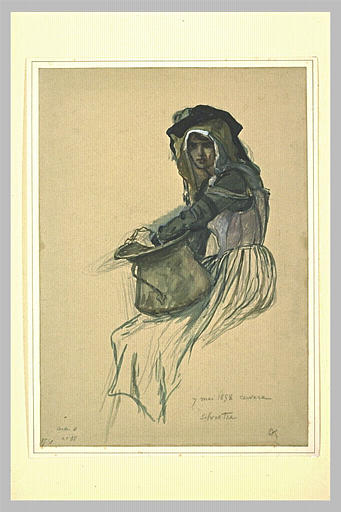 Paysanne italienne assise, le bras gauche appuyé sur un vase de cuivre