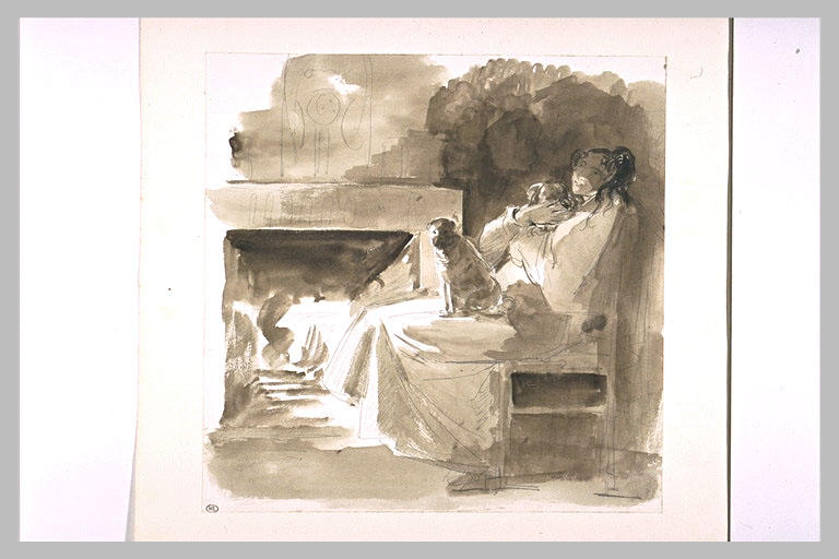 Femme assise sur un fauteuil près d'une cheminée, avec un enfant et un chien