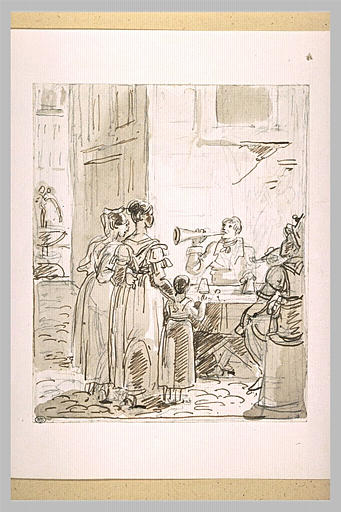 Personnages devant un camelot, dans une rue