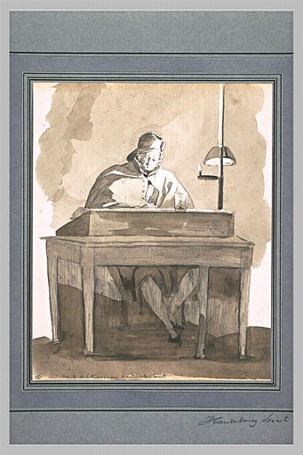 Homme assis à une table, travaillant à la lueur d'une lampe