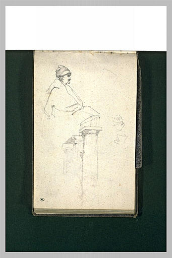 Homme assis ; colonnes, et têtes