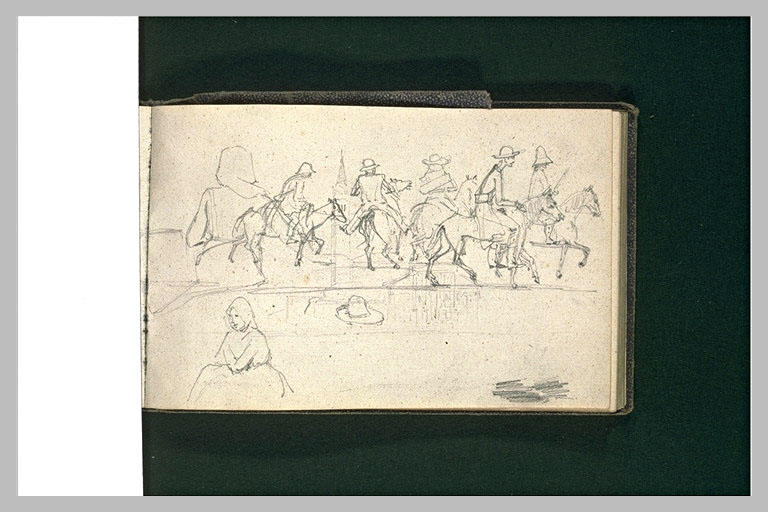 File de cavaliers, et femmes assises