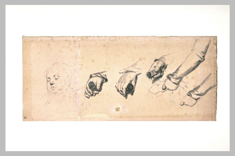 Feuille d'études avec mains, bras et une tête d'enfant endormi