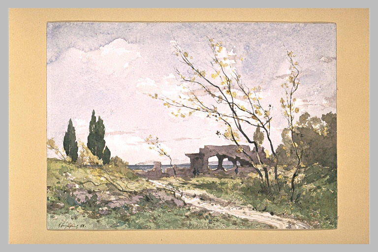 Chemin, bordé de ruines et de cyprès, menant à la mer
