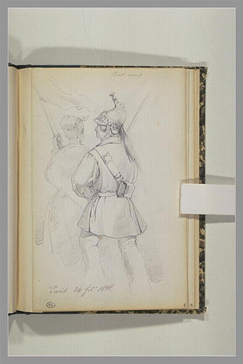 Soldat, et femme portant un drapeau, pendant la révolution de 1848