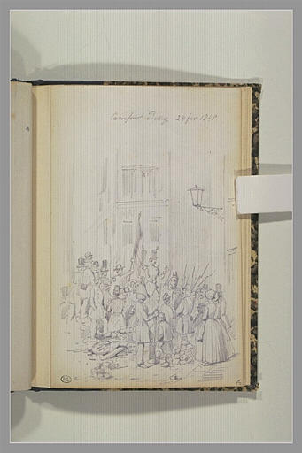 Hommes du peuple, bourgeois et femmes écoutent un orateur