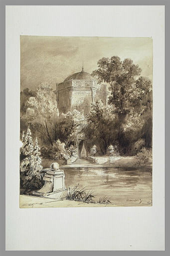 Coin de parc avec pièce d'eau et pavillon à coupole
