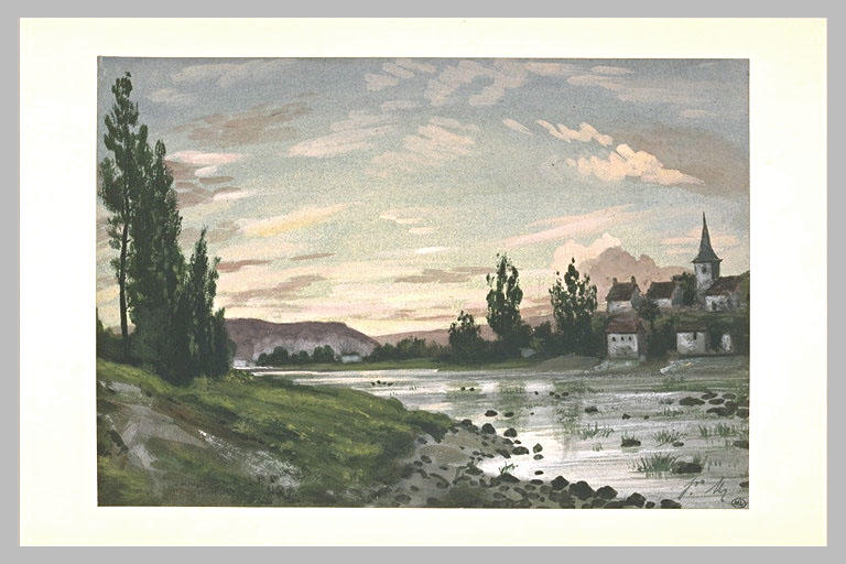 Paysage au bord d'une rivière, près d'un village