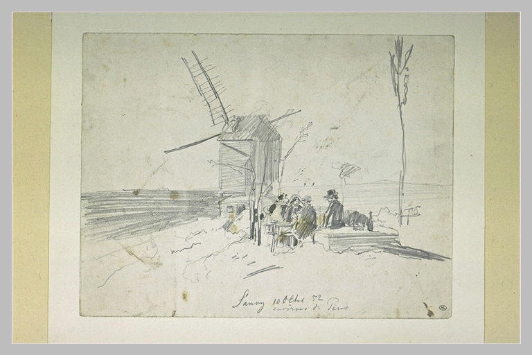 Personnages attablés en plein air, près du moulin de Sannois