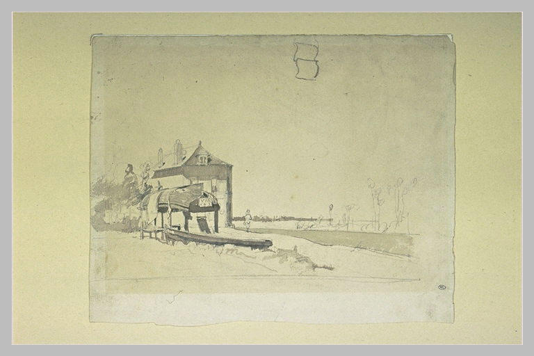 devant une maison, une barque de pêche retournée, sur pilotis, séchant