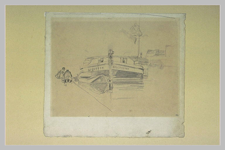 Péniche amarrée et sur la rive deux femmes agenouillées