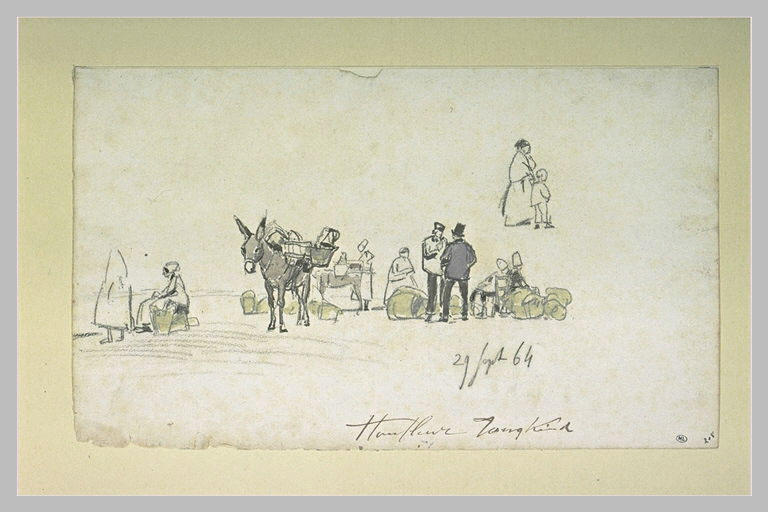 Scène de marché avec personnages et marchandises posées à terre