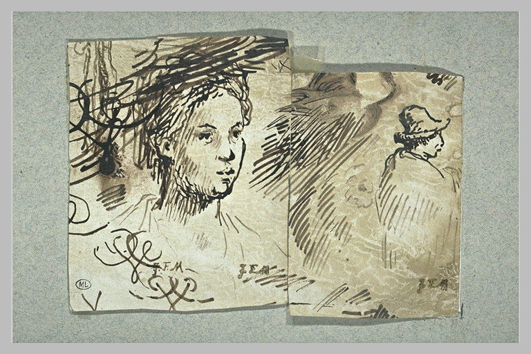 Tête de femme et jeune homme coiffé d'un feutre